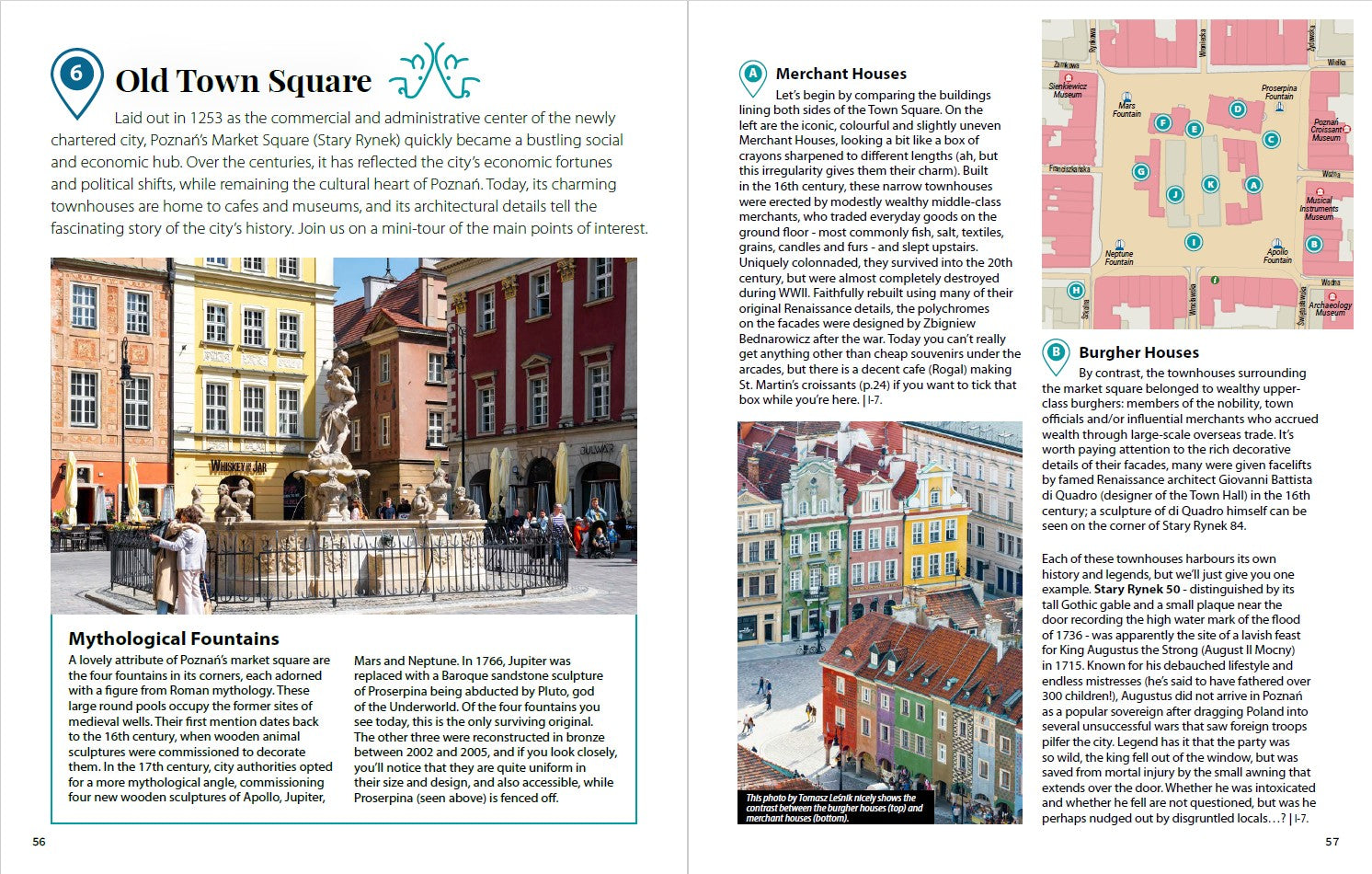 A 2-page spread from a guidebook about Poznań, specifically the Old Town Square (Stary Rynek) in Poznań.